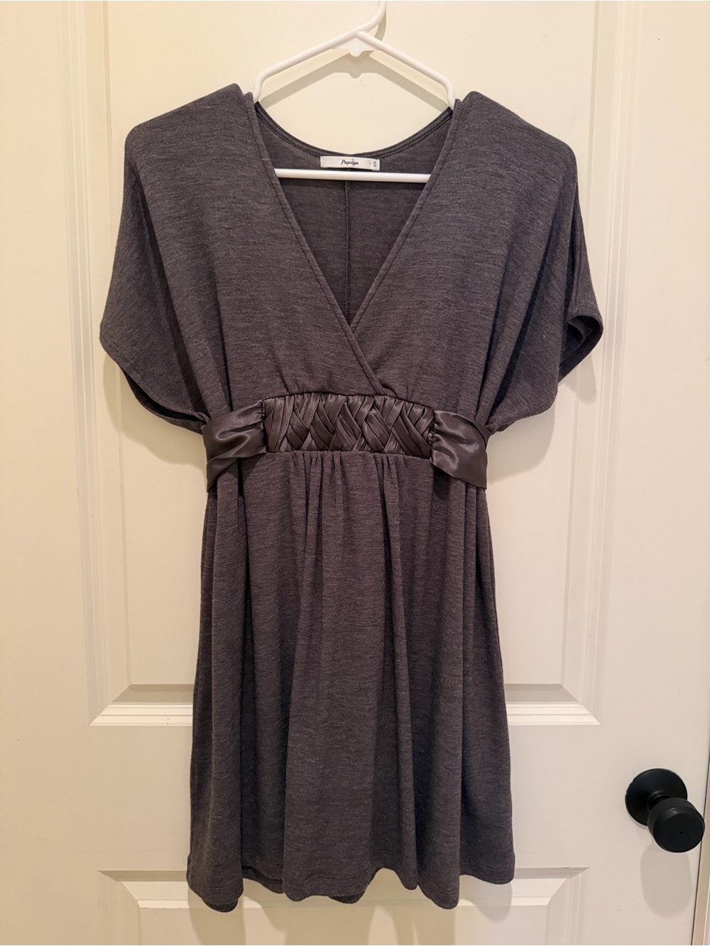 Charcoal V-Neck Knit Mini Dress with Tie Waist
